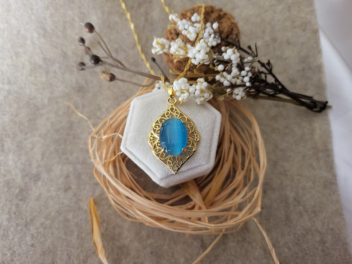 Gold Blue Jade Necklace, WATERPROOF Adjustable Chains.