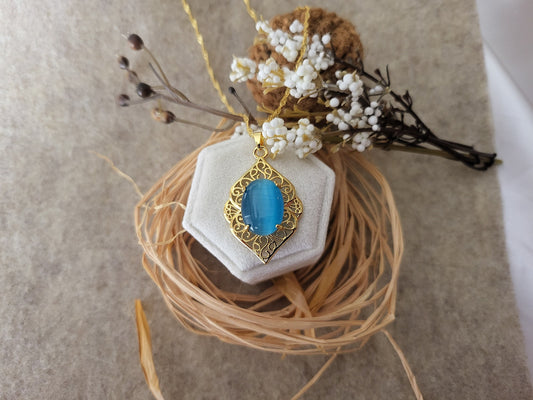 Gold Blue Jade Necklace, WATERPROOF Adjustable Chains.