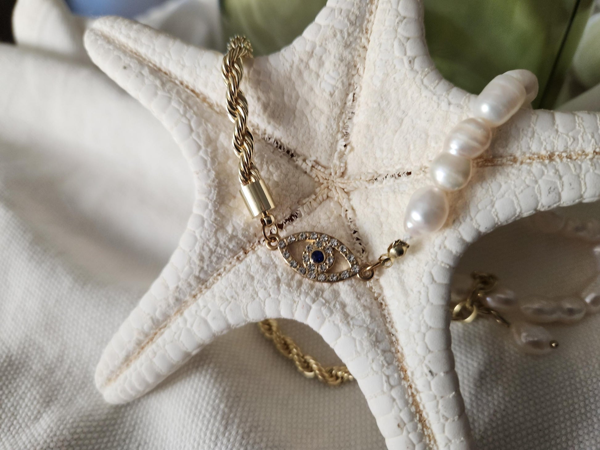 Evil Eye Necklace, Half Pearl Half Rope Necklace, Evil Eye Jewelry, Evil Eye Connector, Mother's Day Gift.