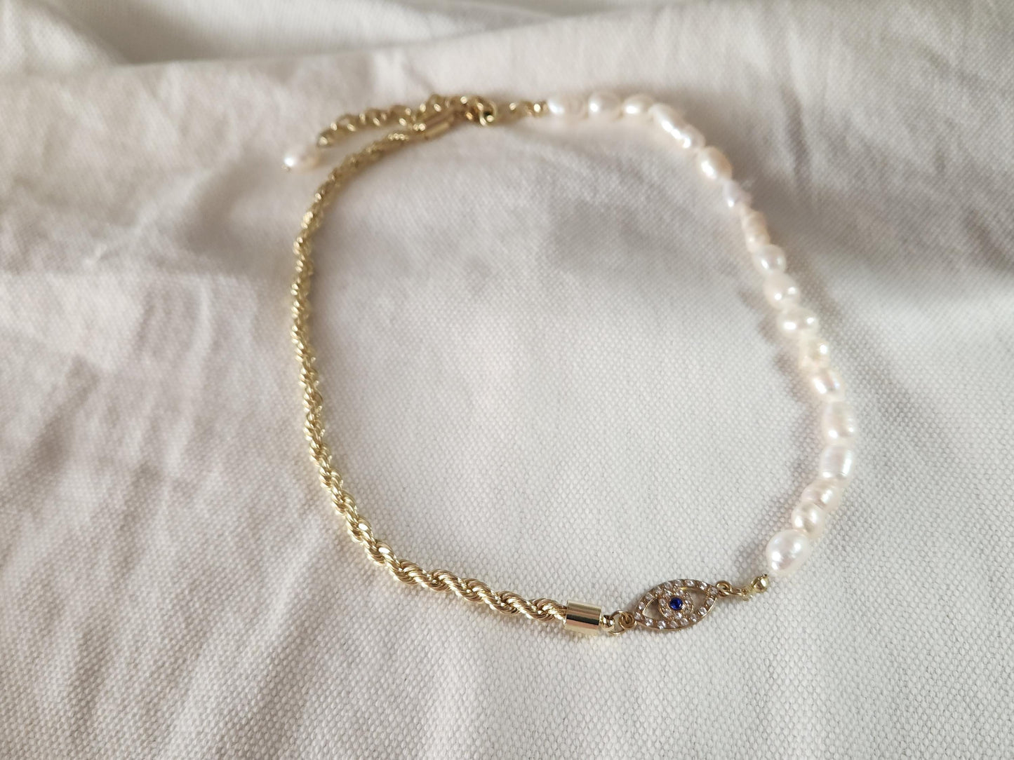 Evil Eye Necklace, Half Pearl Half Rope Necklace, Evil Eye Jewelry, Evil Eye Connector, Mother's Day Gift.