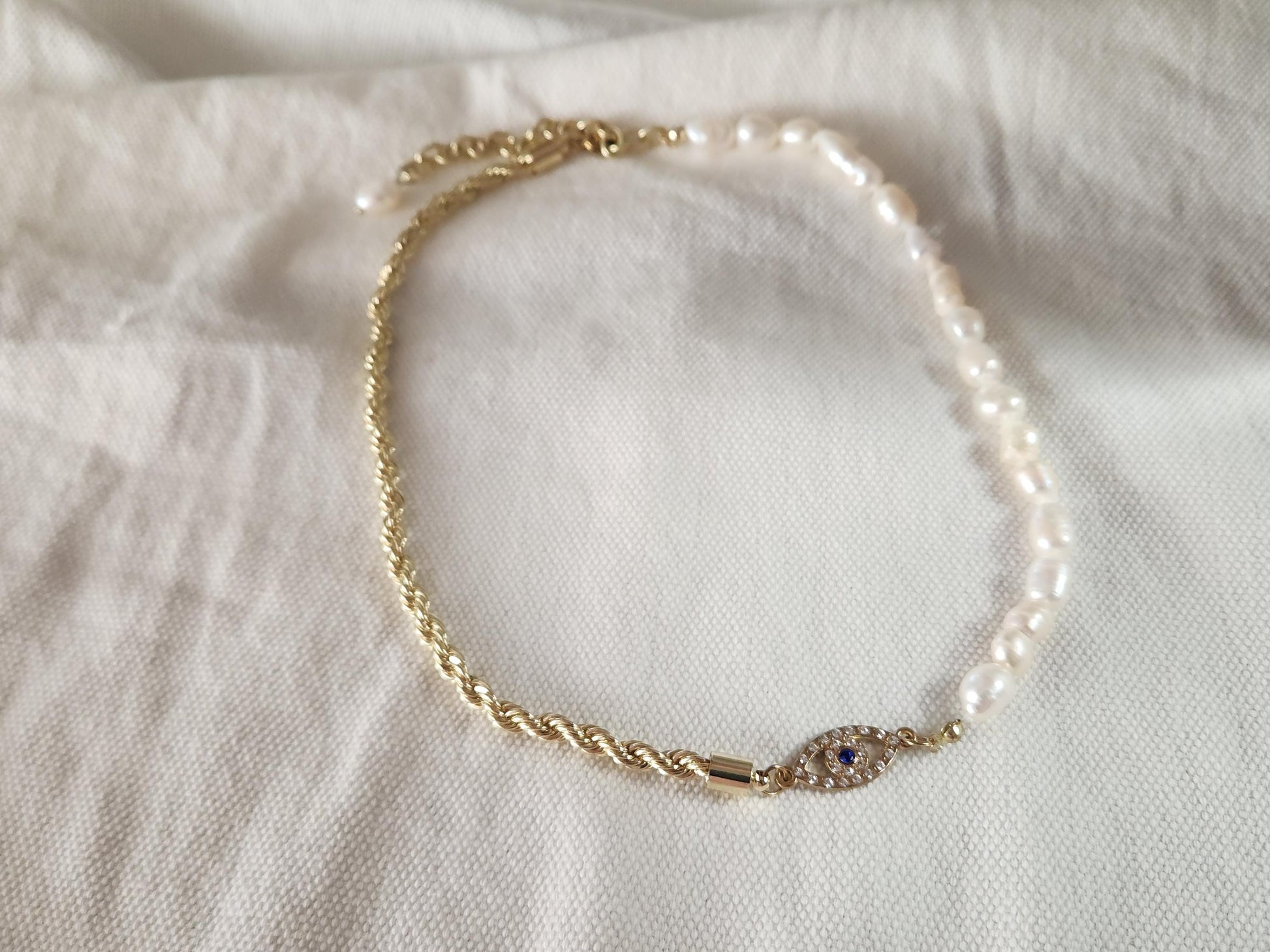 Evil Eye Necklace, Half Pearl Half Rope Necklace, Evil Eye Jewelry, Evil Eye Connector, Mother's Day Gift.