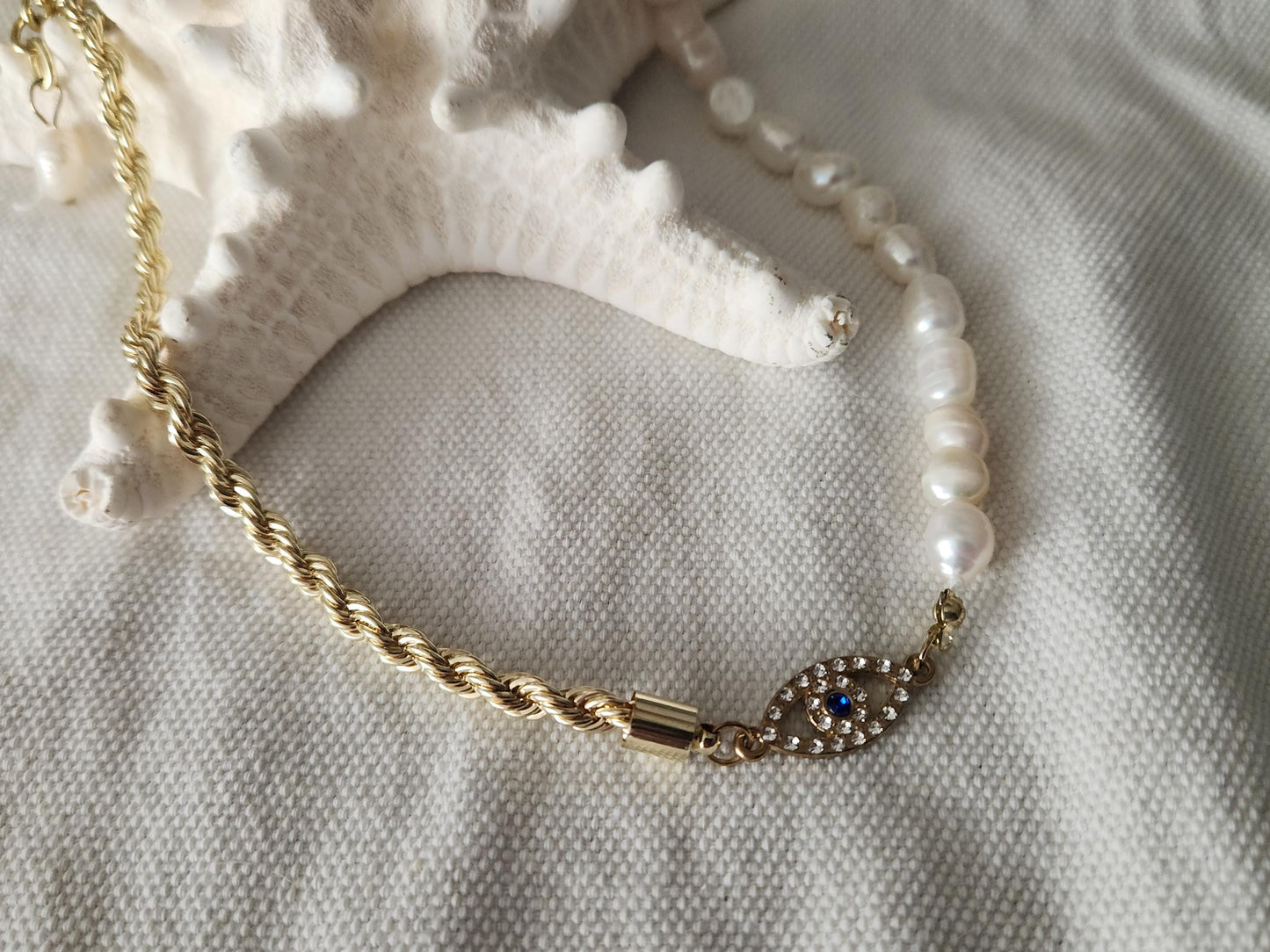 Evil Eye Necklace, Half Pearl Half Rope Necklace, Evil Eye Jewelry, Evil Eye Connector, Mother's Day Gift.