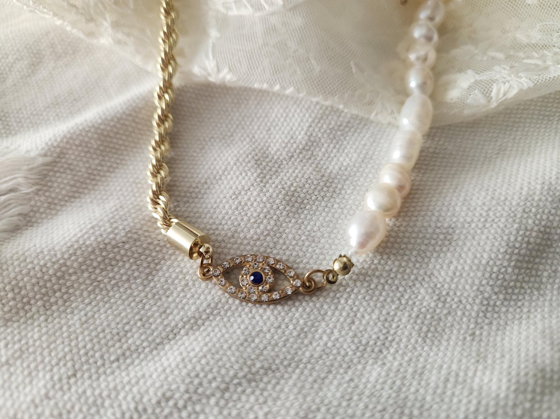 Evil Eye Necklace, Half Pearl Half Rope Necklace, Evil Eye Jewelry, Evil Eye Connector, Mother's Day Gift.