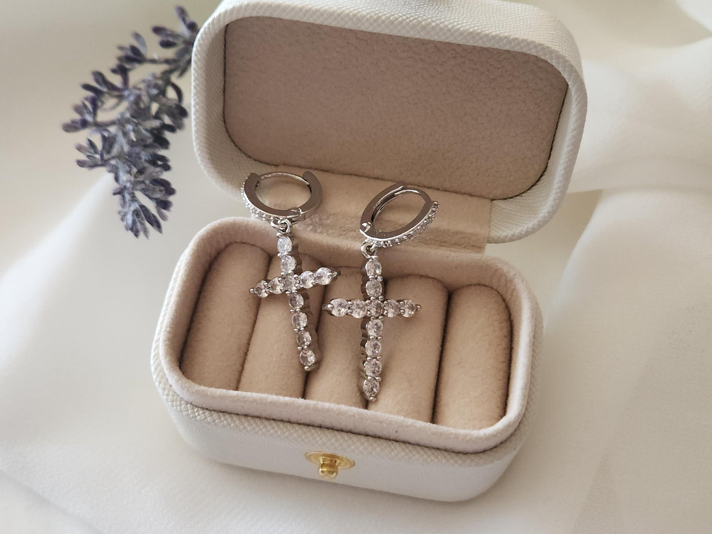 Gold Filled -Silver Diamond Cross Earrings, Diamond Cross Pendant Dainty , WATERPROOF .