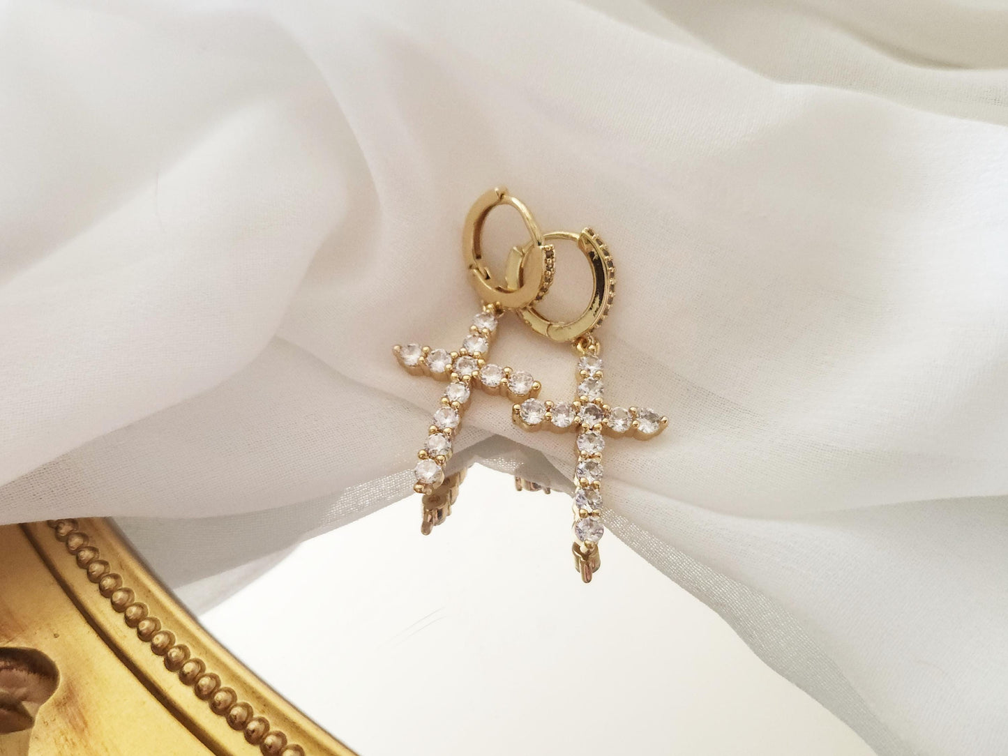 Gold Filled -Silver Diamond Cross Earrings, Diamond Cross Pendant Dainty , WATERPROOF .