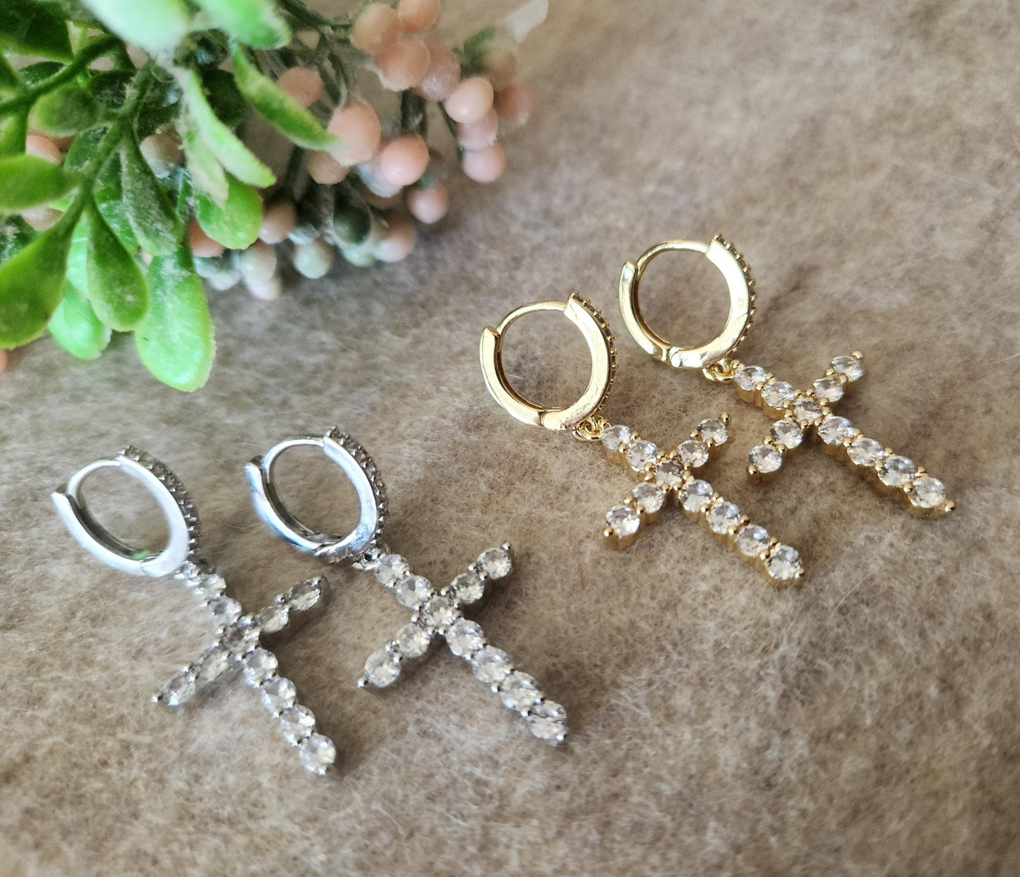 Gold Filled -Silver Diamond Cross Earrings, Diamond Cross Pendant Dainty , WATERPROOF .