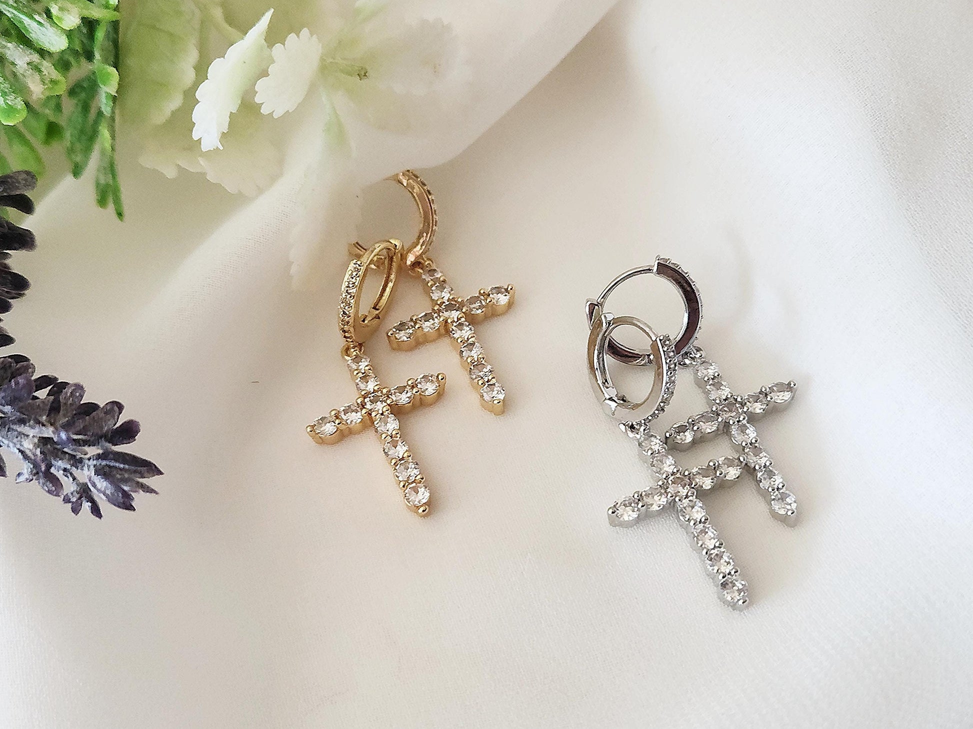 Gold Filled -Silver Diamond Cross Earrings, Diamond Cross Pendant Dainty , WATERPROOF .