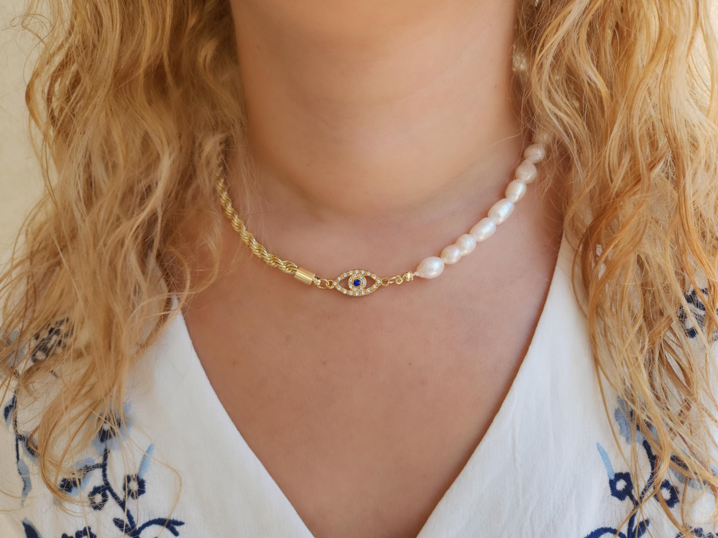 Evil Eye Necklace, Half Pearl Half Rope Necklace, Evil Eye Jewelry, Evil Eye Connector, Mother's Day Gift.