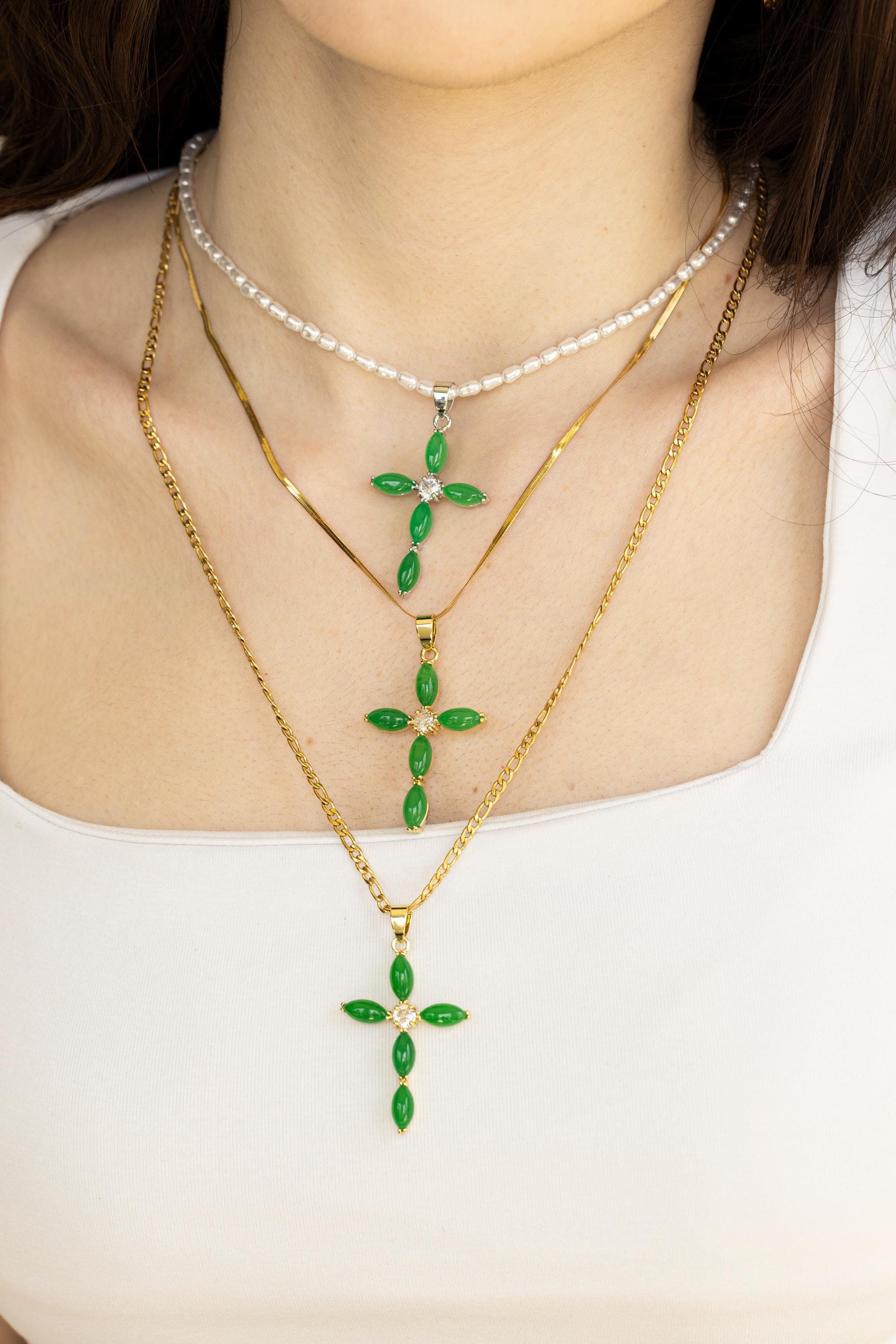 Genuine Diamond Cross, Diamond Cross Necklace, 18K Gold Diamond Cross Pendant Dainty, Green Jade Cross, WATERPROOF Adjustable Chains.