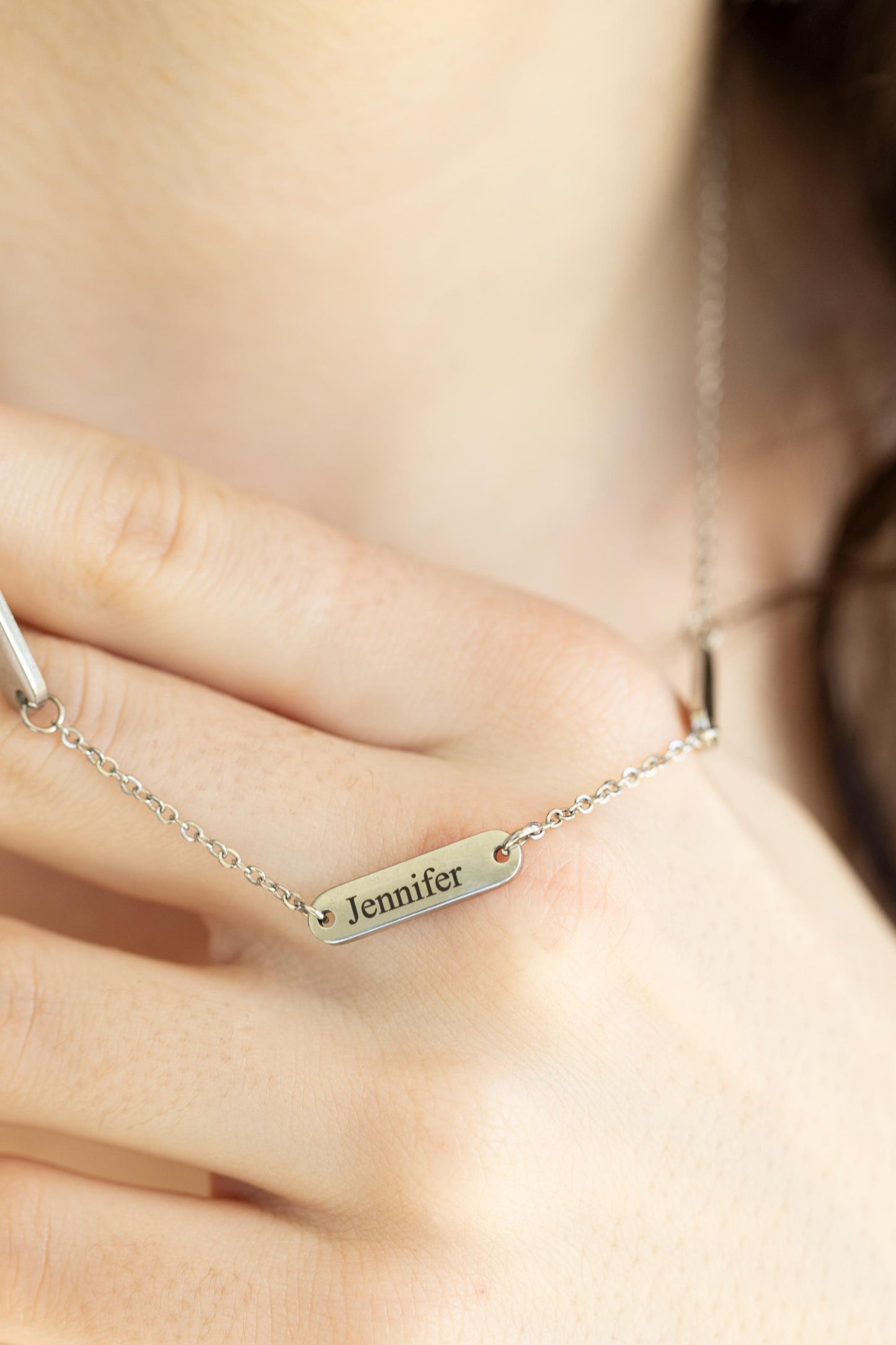 18K Engraved Name Necklace, Waterproof Multiple Name Bar Brecelet, Personalized Family Necklace , Custom Silver Name Plate Choker.