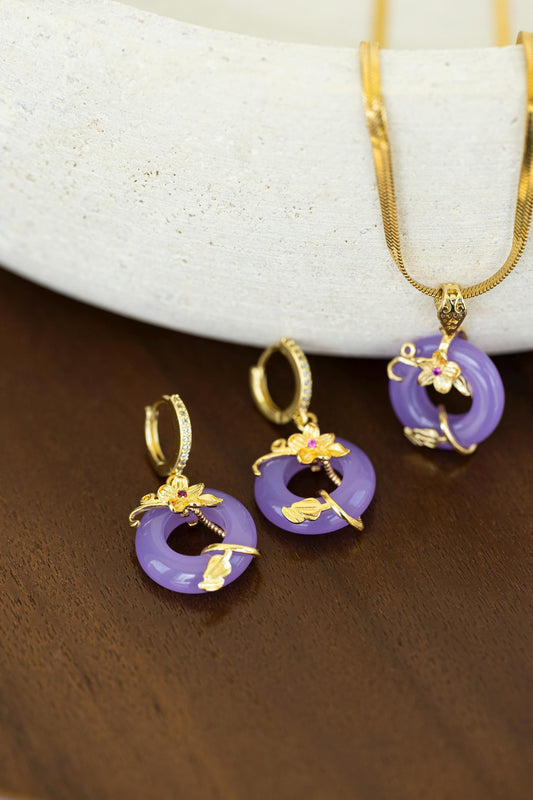 Gold Circle Flower Jade Earrings,Jade Necklace, Gift For Mom , Bridesmaid jewelry.