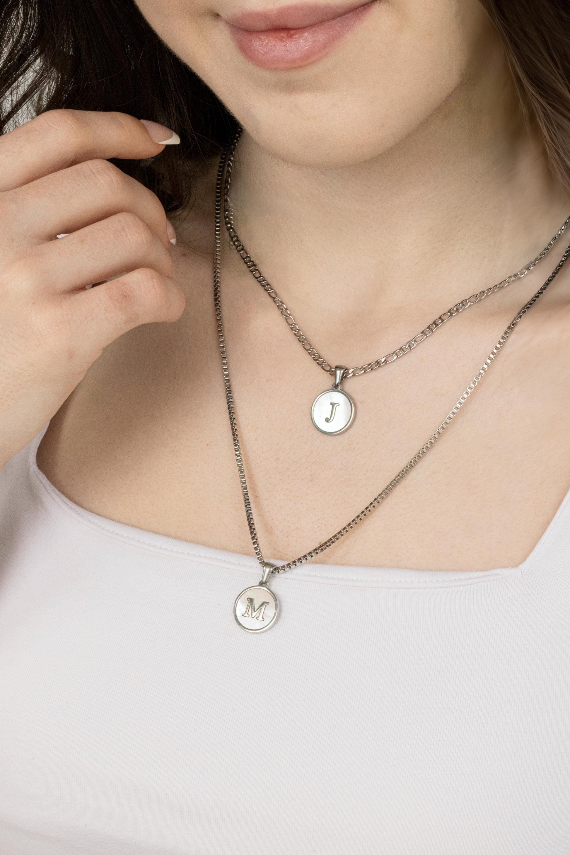 Silver Mother of Pearl Round Letter Name Necklace, Birthday Gift.