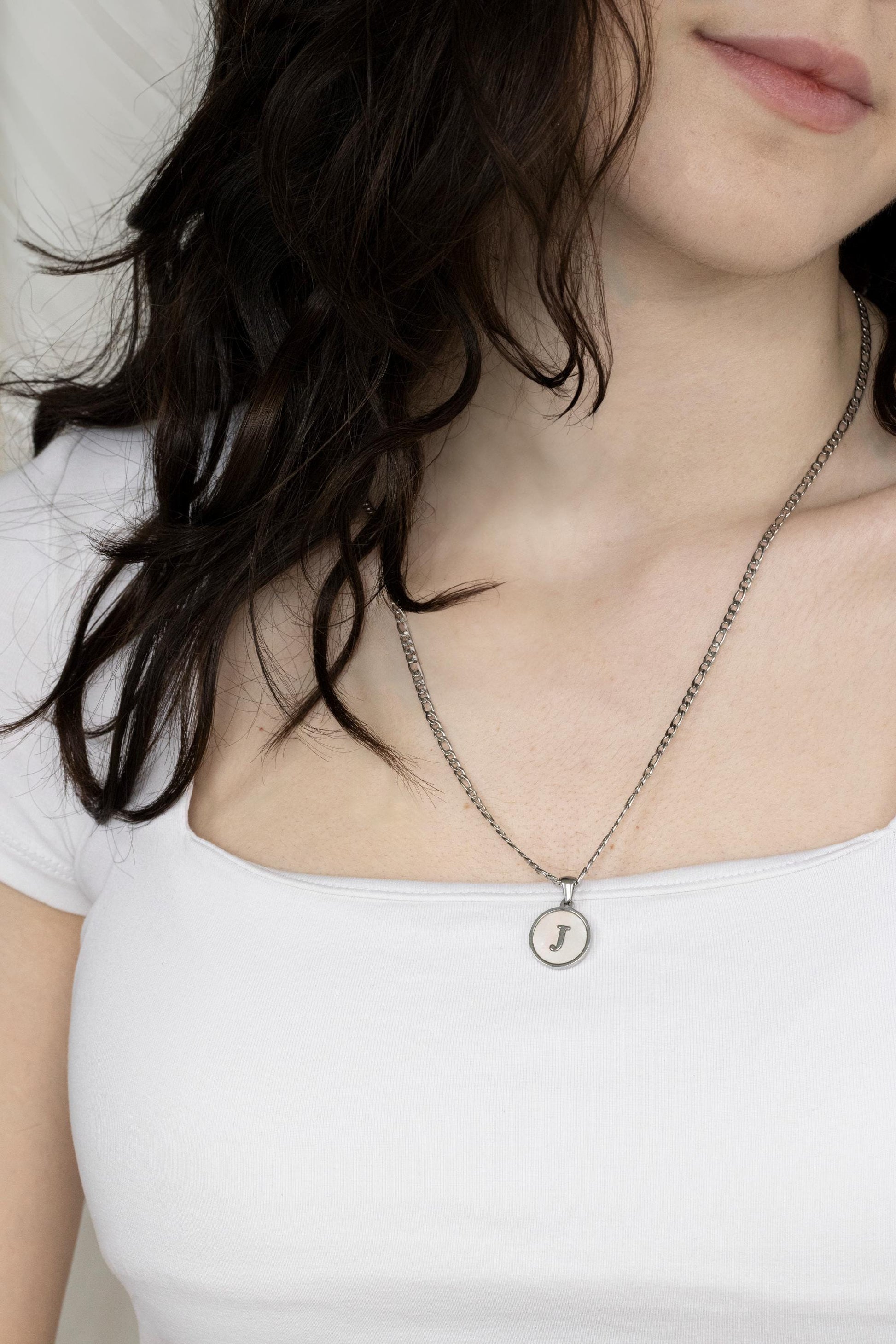 Silver Mother of Pearl Round Letter Name Necklace, Birthday Gift.
