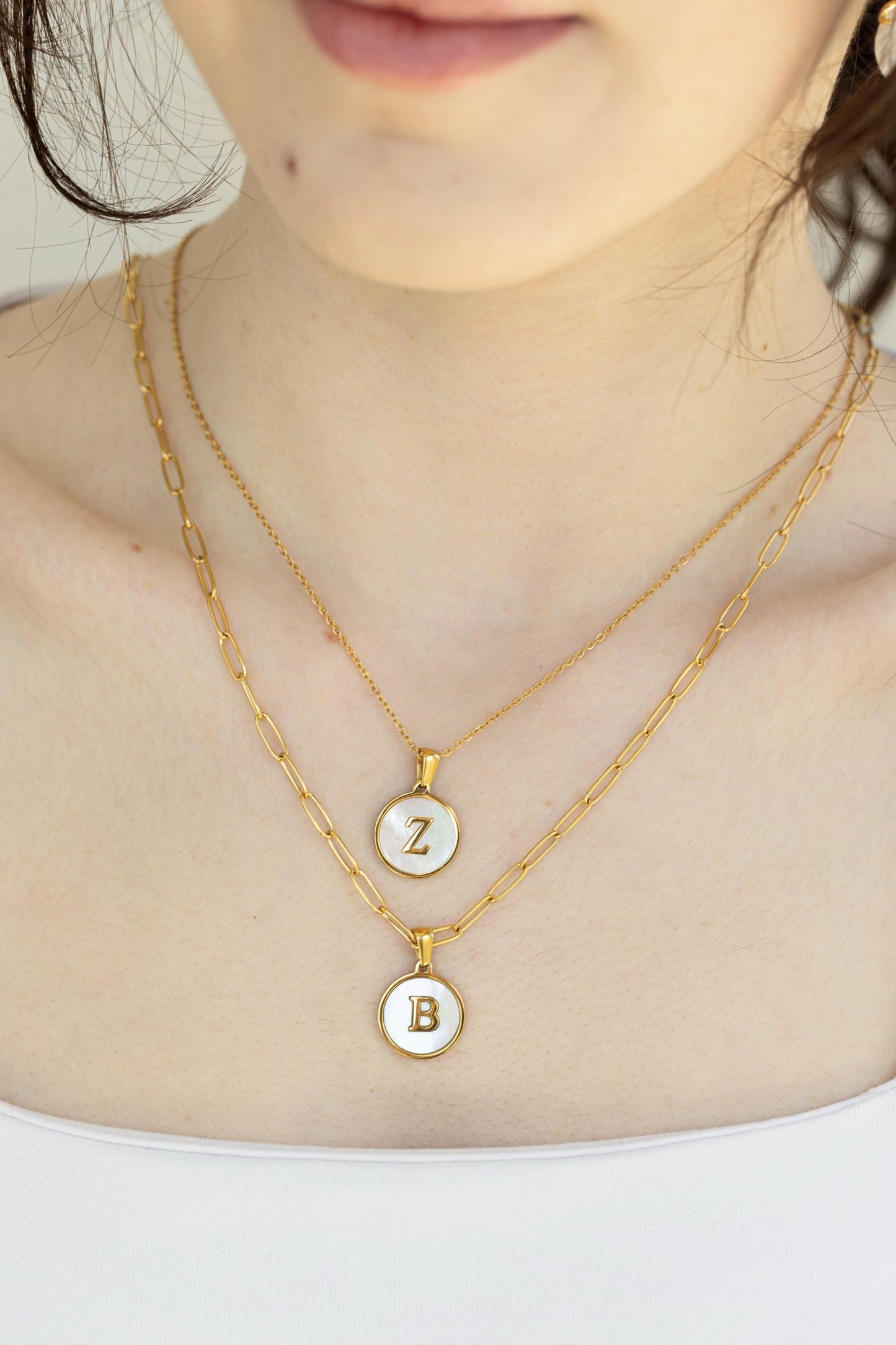 Gold Filled Mother of Pearl Round Initial Name Necklace, Birthday Gift.