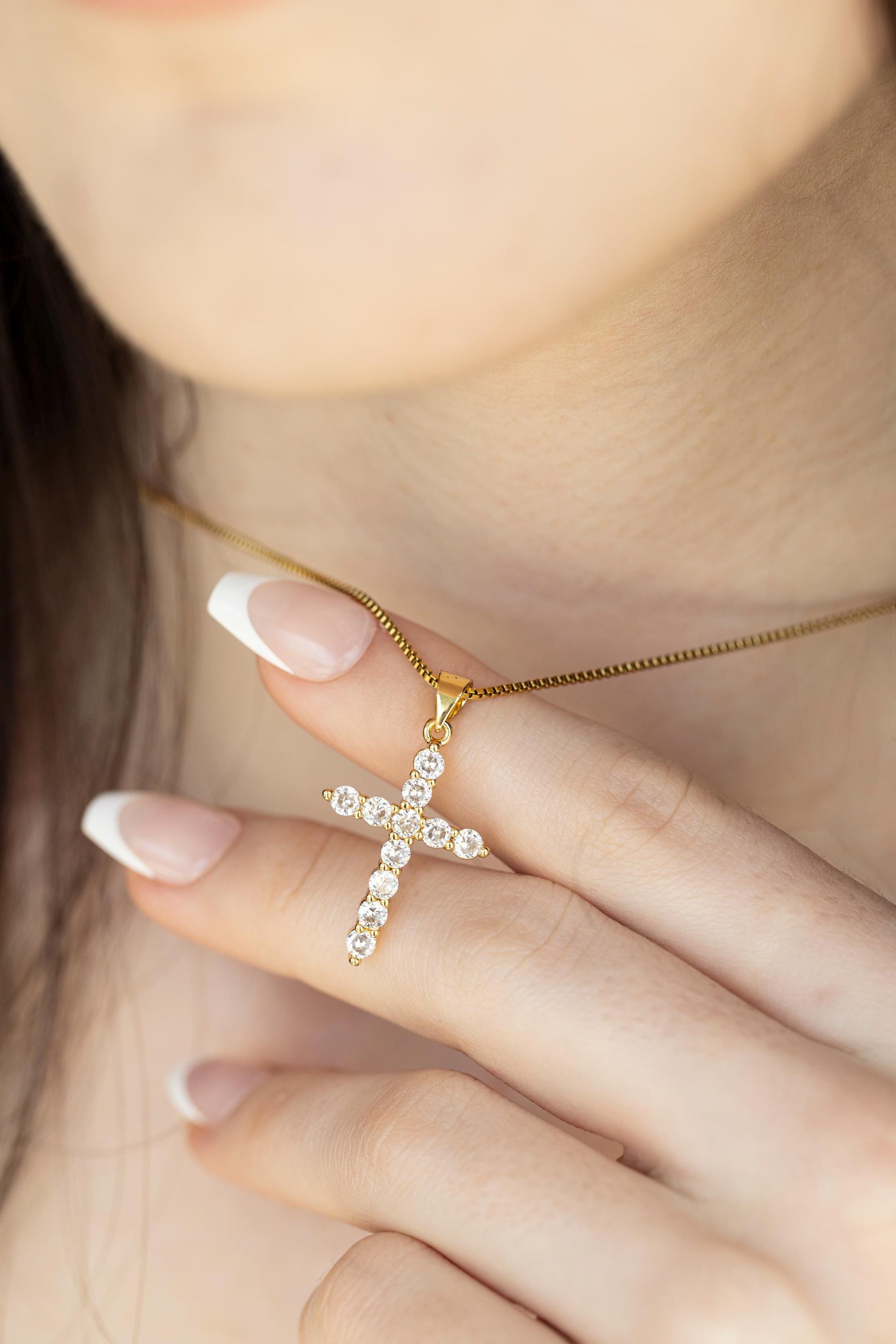 Gold Filled Genuine Diamond Cross, Diamond Cross Necklace, Diamond Cross Pendant Dainty, Green Jade Cross, WATERPROOF Adjustable Chains.