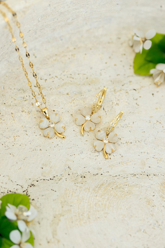 Gold Filled Bridesmaid Jade Earrings , Necklaces, WATERPROOF Clover Set.