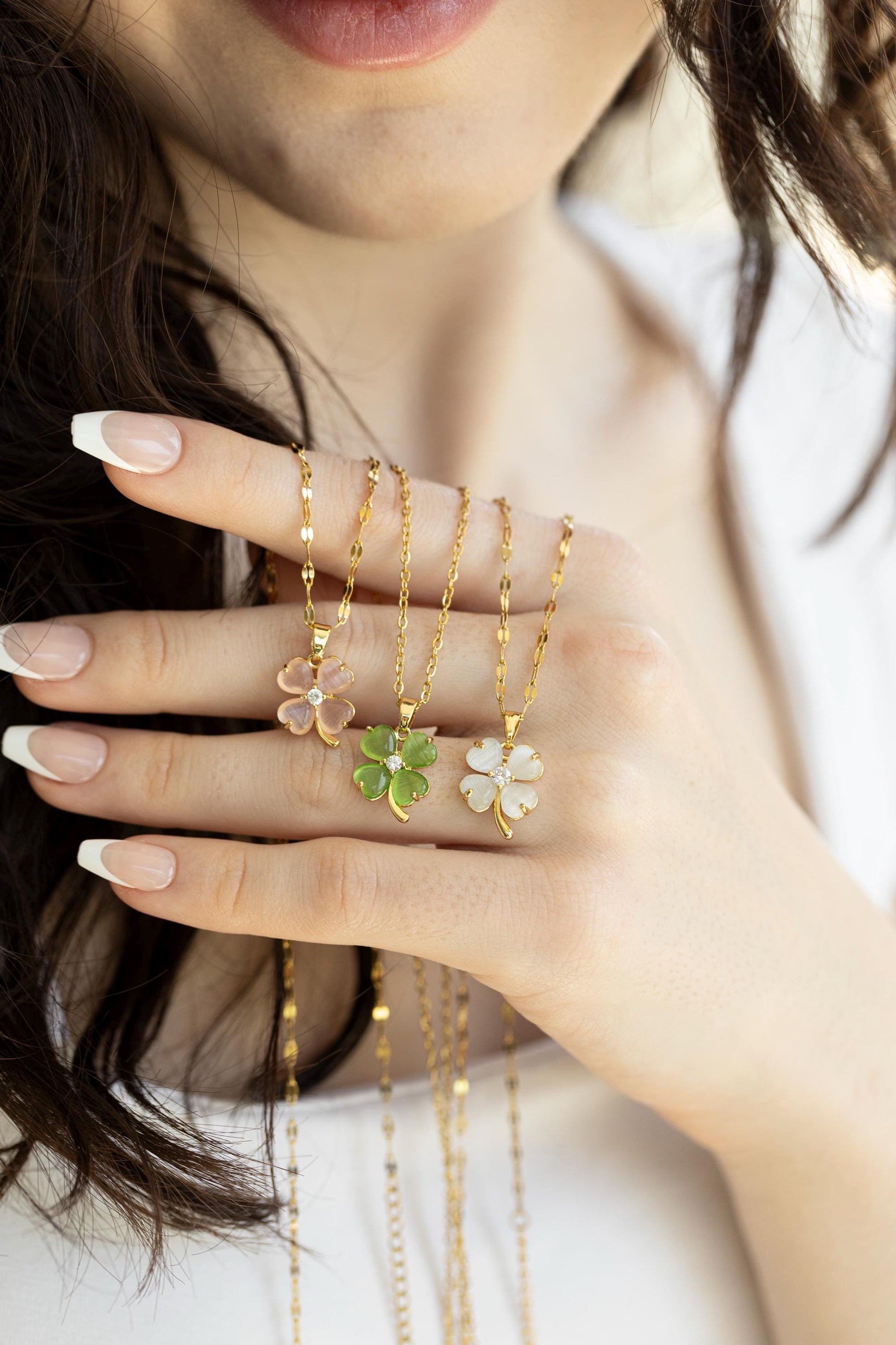 Gold Filled Bridesmaid Jade Earrings , Necklaces, WATERPROOF Clover Set.