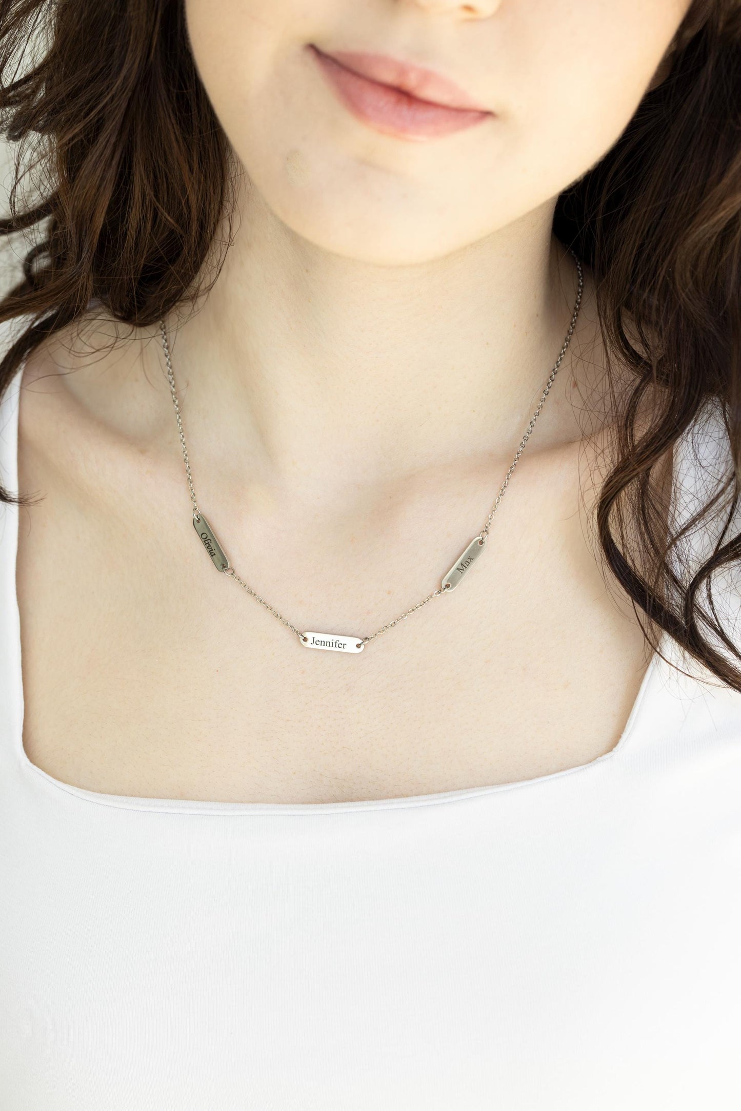 18K Engraved Name Necklace, Waterproof Multiple Name Bar Brecelet, Personalized Family Necklace , Custom Silver Name Plate Choker.