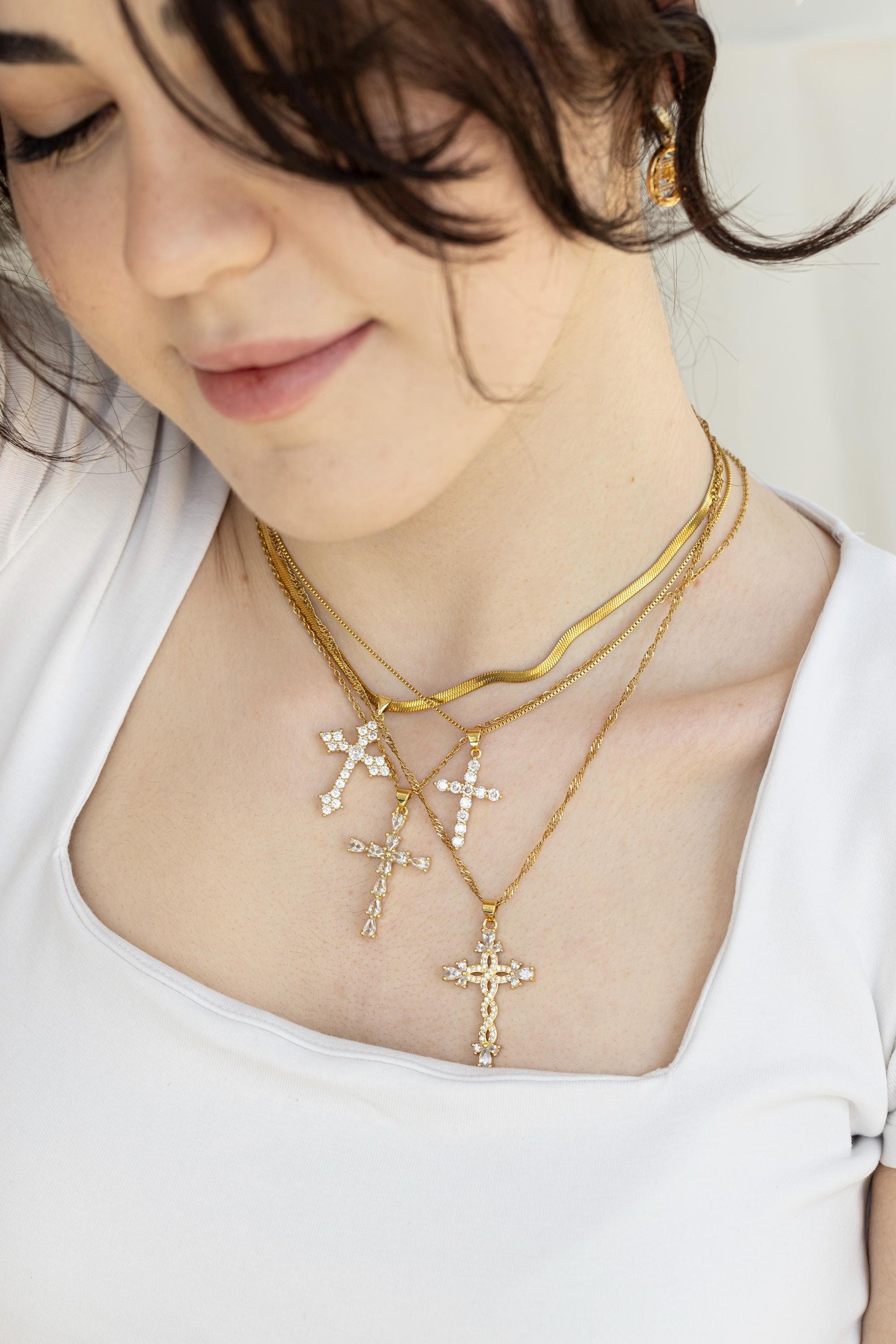 Gold Filled Genuine Diamond Cross, Diamond Cross Necklace, Diamond Cross Pendant Dainty, Green Jade Cross, WATERPROOF Adjustable Chains.