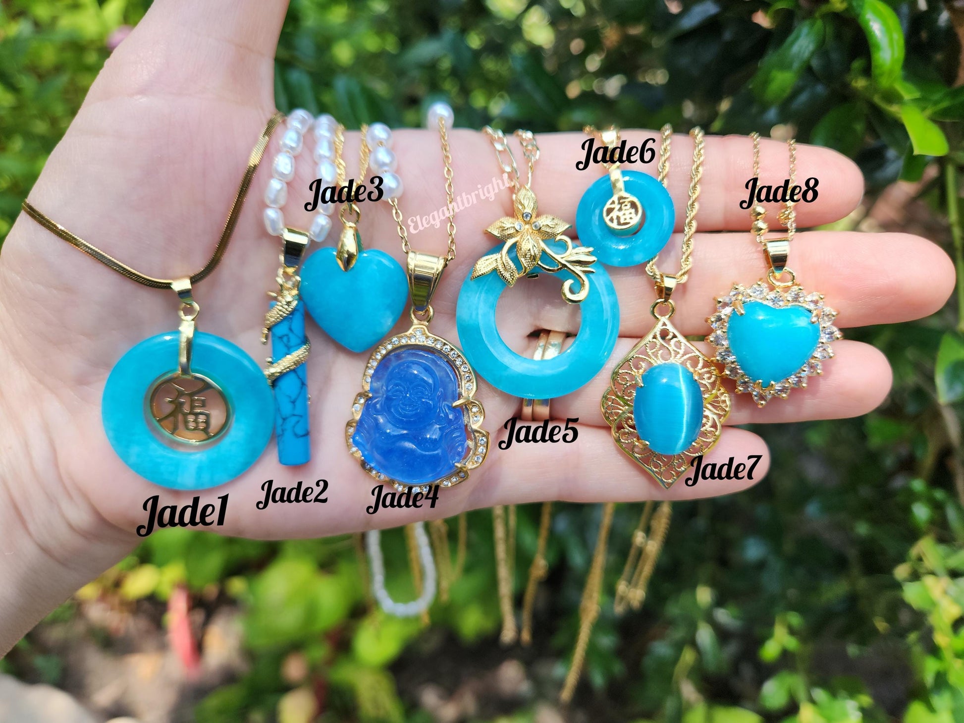 Gold Blue Jade Necklace, WATERPROOF Adjustable Chains.