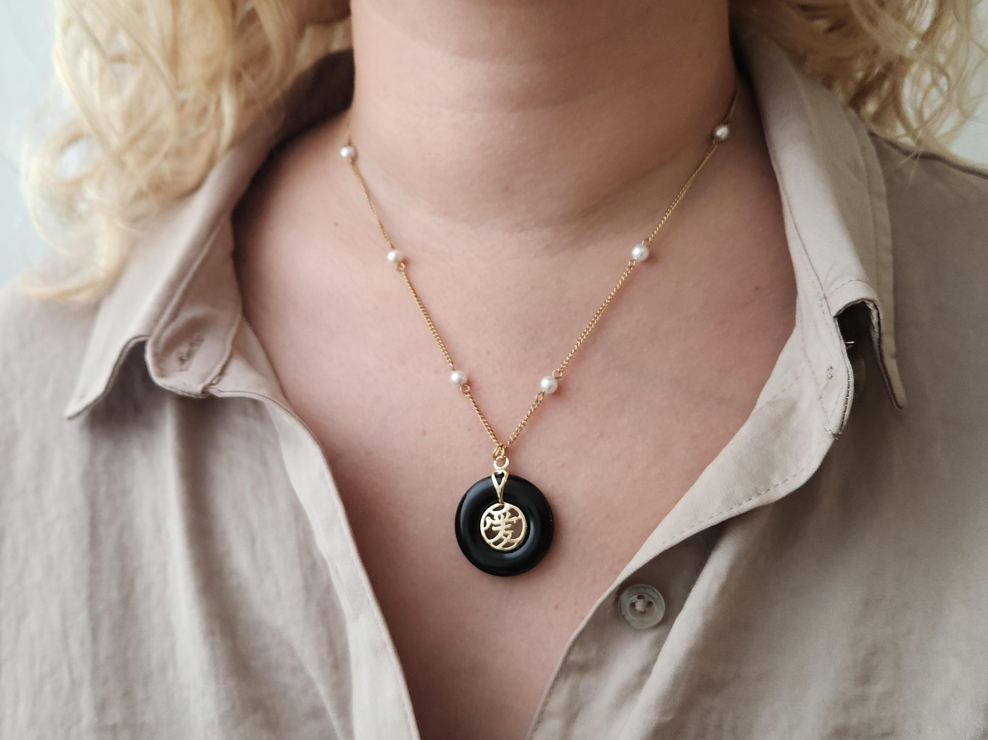 Gold Black Jade Necklace, WATERPROOF Custom Adjustable Chains.