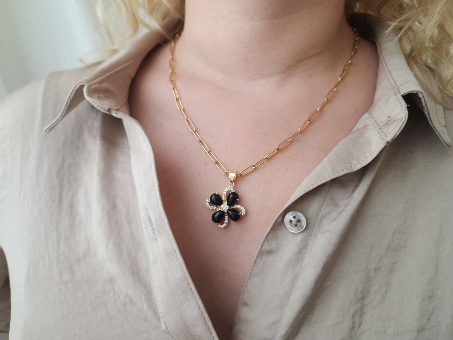 Gold Black Jade Necklace, WATERPROOF Custom Adjustable Chains.