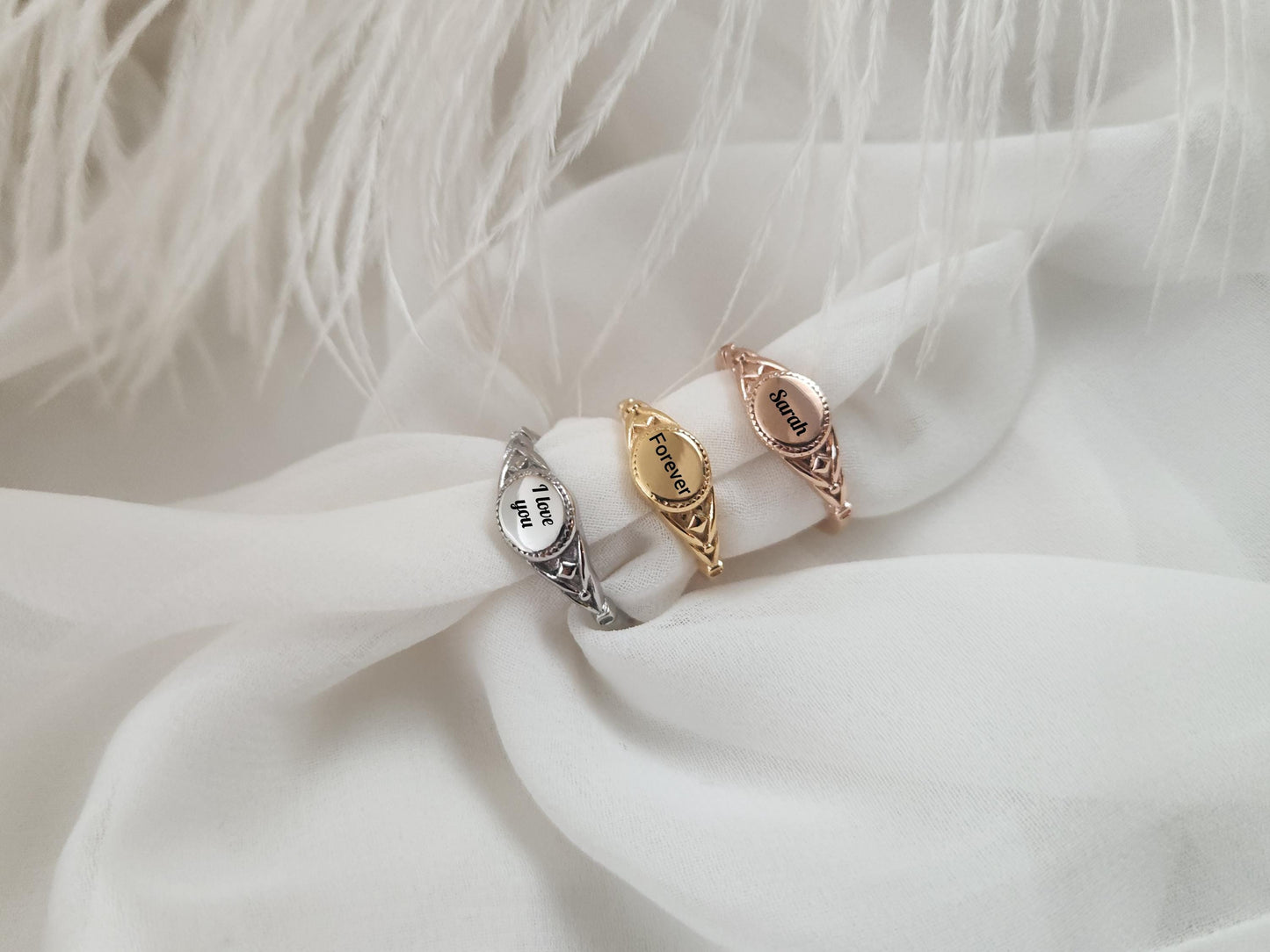 Custom Engraved Round Ring,Gold, Silver, Rose Gold Wedding Band Ring, Waterproof , Gift For Her.