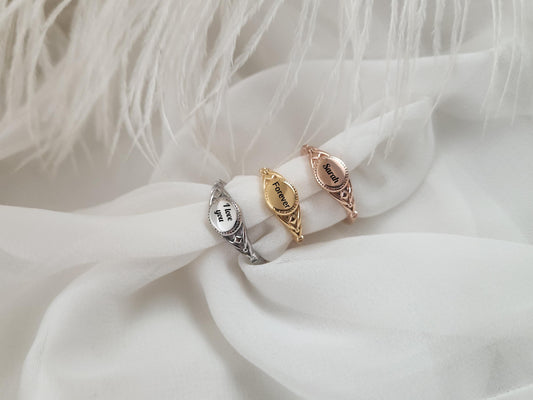 Custom Engraved Round Ring,Gold, Silver, Rose Gold Wedding Band Ring, Waterproof , Gift For Her.