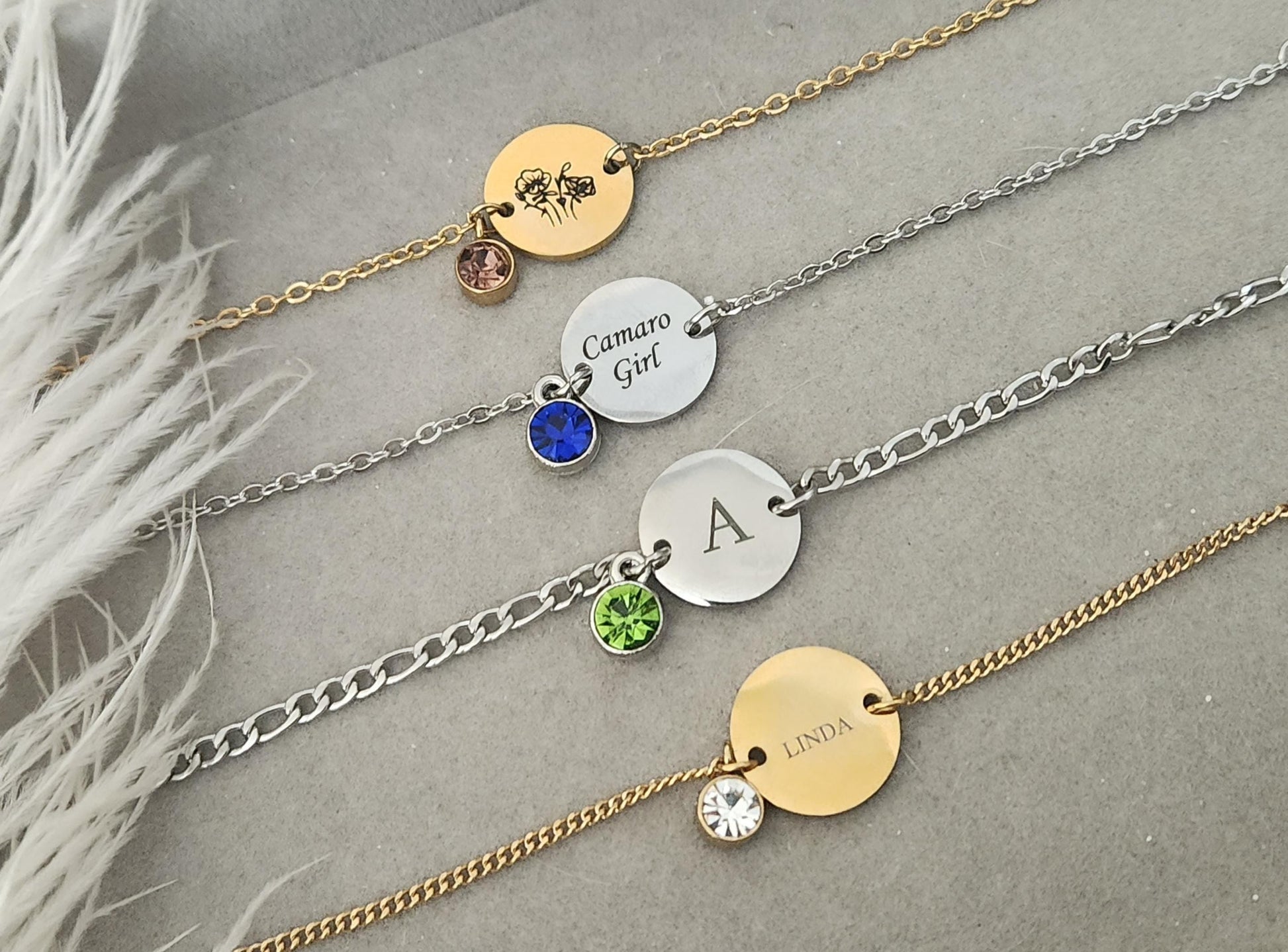 Custom Gold Filled -Silver Logo ,Name,Birthmonth Flower Engraved Bracelet with Birthstone , WATERPROOF, Birthday Gift.