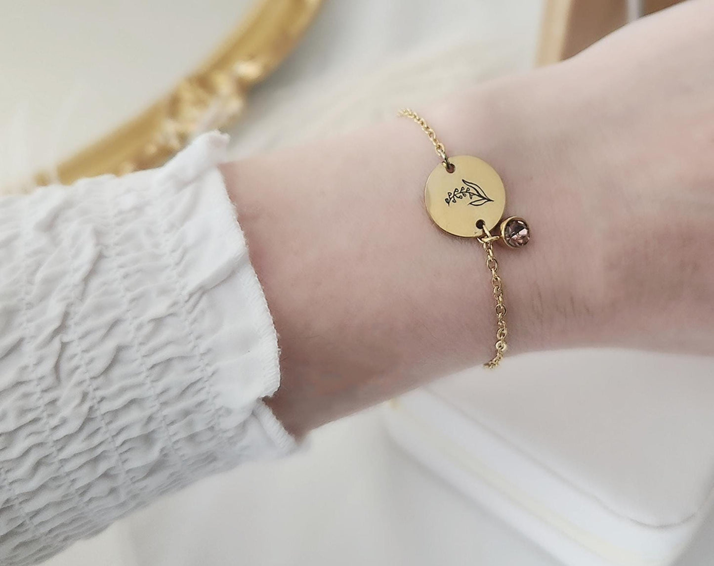 Custom Gold Filled -Silver Logo ,Name,Birthmonth Flower Engraved Bracelet with Birthstone , WATERPROOF, Birthday Gift.