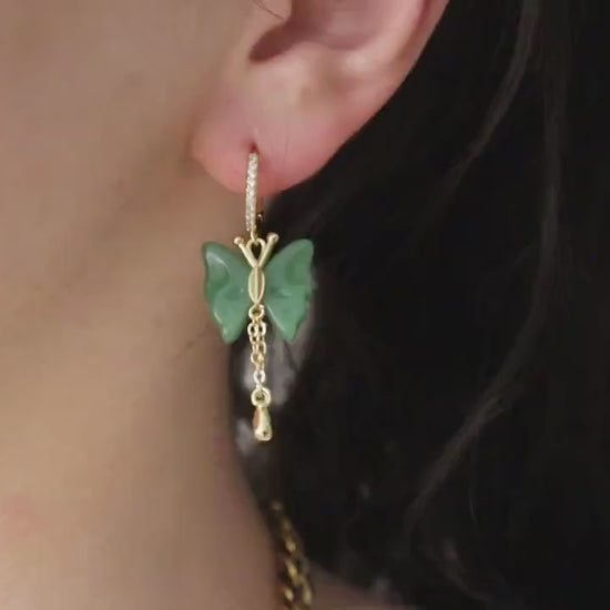 Gold  Filled Butterfly Jade Earrings, WATERPROOF Jade Necklace, Gifts for Her.