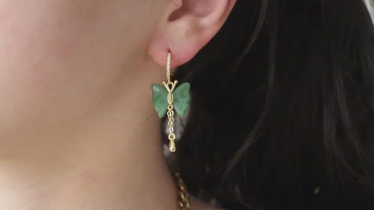 Gold  Filled Butterfly Jade Earrings, WATERPROOF Jade Necklace, Gifts for Her.