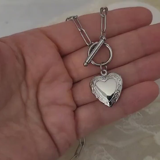 Silver Heart Locket Toggle Necklace with Photo, Engraved Heart Locket, Personalized gift.