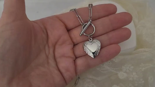 Silver Heart Locket Toggle Necklace with Photo, Engraved Heart Locket, Personalized gift.