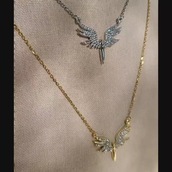 Gold Filled Angel Wings  Necklace ,Protection Pave Necklace,WATERPROOF.