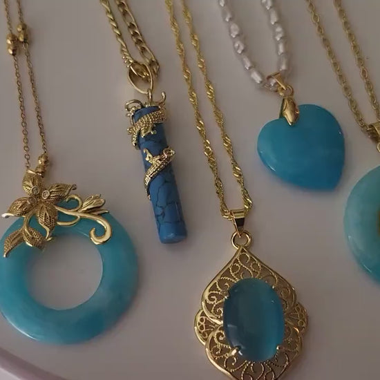 Gold Blue Jade Necklace, WATERPROOF Adjustable Chains.