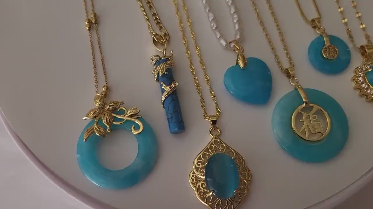 Gold Blue Jade Necklace, WATERPROOF Adjustable Chains.