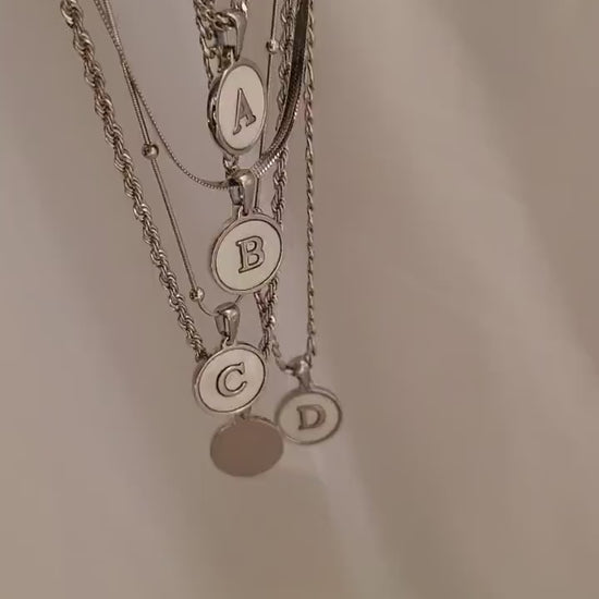 Silver  Mother of Pearl Round Letter Name Necklace, Birthday Gift.