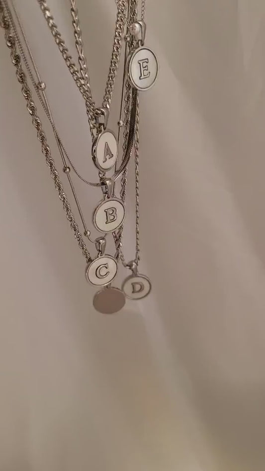 Silver  Mother of Pearl Round Letter Name Necklace, Birthday Gift.