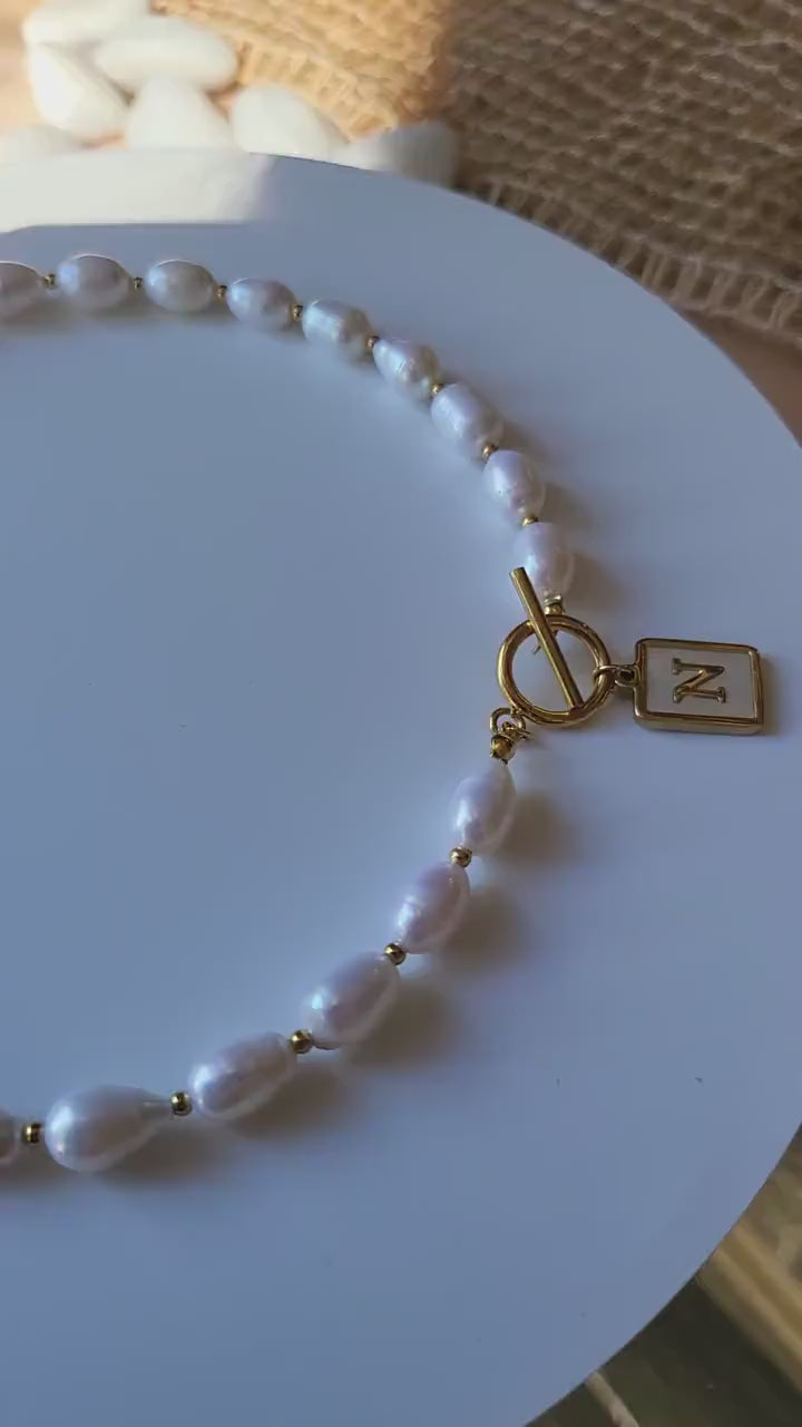 Gold Filled Real Freshwater Pearl Necklace ,Round initial , Square initial, Toggle claps.