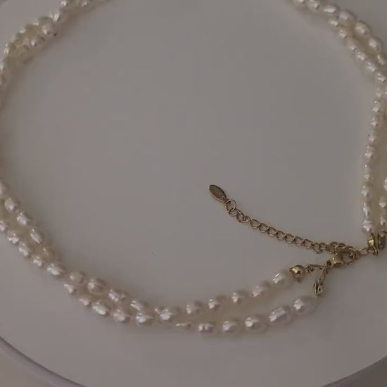 Gold Filled Double Freshwater Pearl Necklace, Waterproof, Wedding Jewelry.