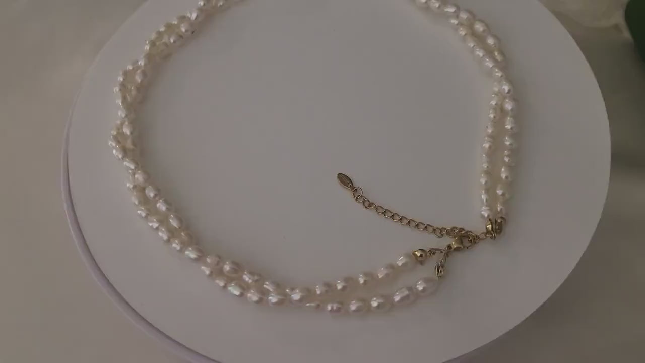 Gold Filled Double Freshwater Pearl Necklace, Waterproof, Wedding Jewelry.