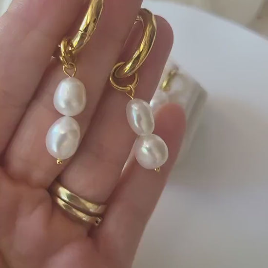 Gold Pearl Hoop Earrings , Waterproof , High Quality.