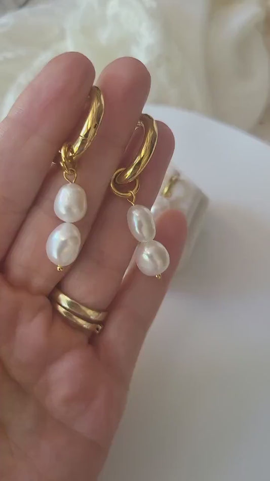 Gold Pearl Hoop Earrings , Waterproof , High Quality.