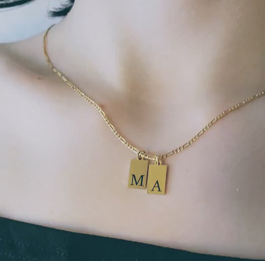 Gold-Silver Tiny Initial Tag Necklace , Custom Engraved Letter Pendant Necklace ,  Multi Tag Name.