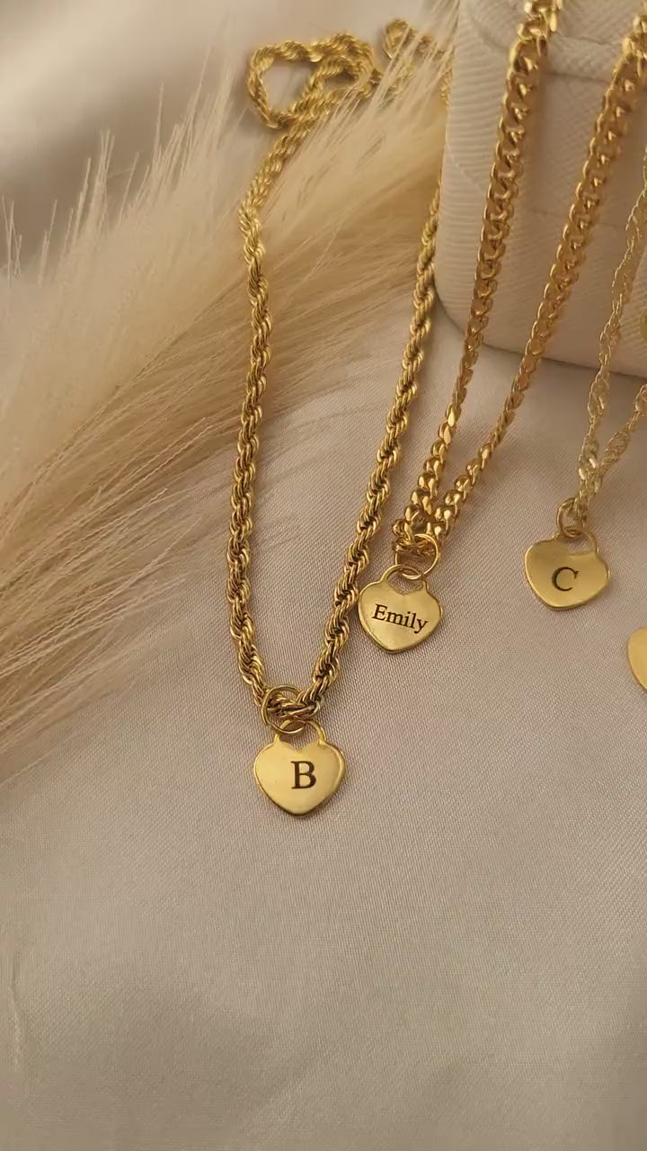 Custom Gold Initial Name Heart  Necklace, WATERPROOF Adjustable Chains.