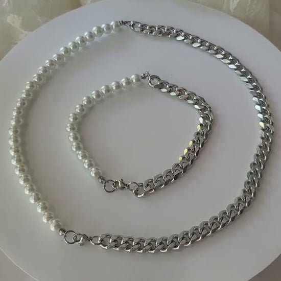 Silver Freshwater  Real Pearl Necklace, Silver Cuban Bracelet, WATERPROOF, Wedding Necklace.