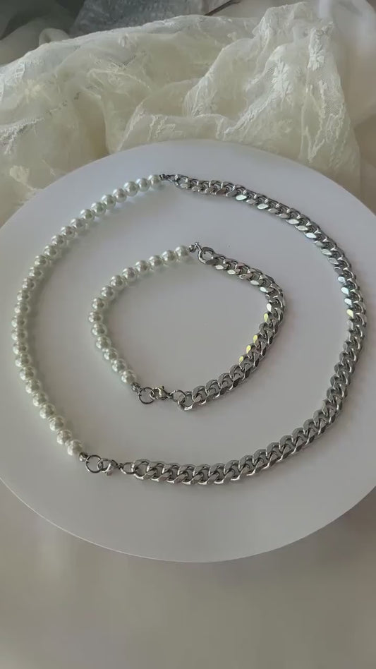 Silver Freshwater  Real Pearl Necklace, Silver Cuban Bracelet, WATERPROOF, Wedding Necklace.