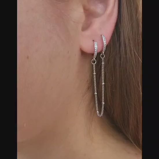 Gold FILLED- Silver  Chain Earrings , Double Piercing Earrings , Connected Earrings , WATERPROOF ,Pair Connected Hoops .