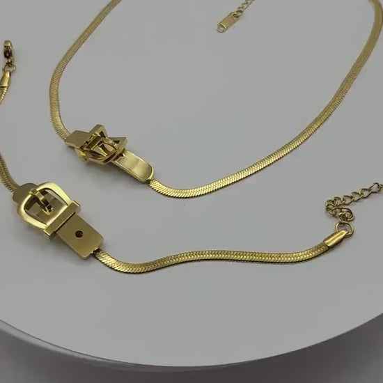 18K Gold Filled Herringbone Locked Necklace, Snake Bracelet.